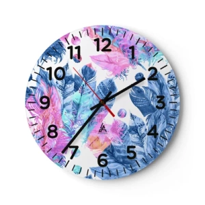 Wall clock - Clock on glass - Pink and Blue Plumes - 30x30 cm