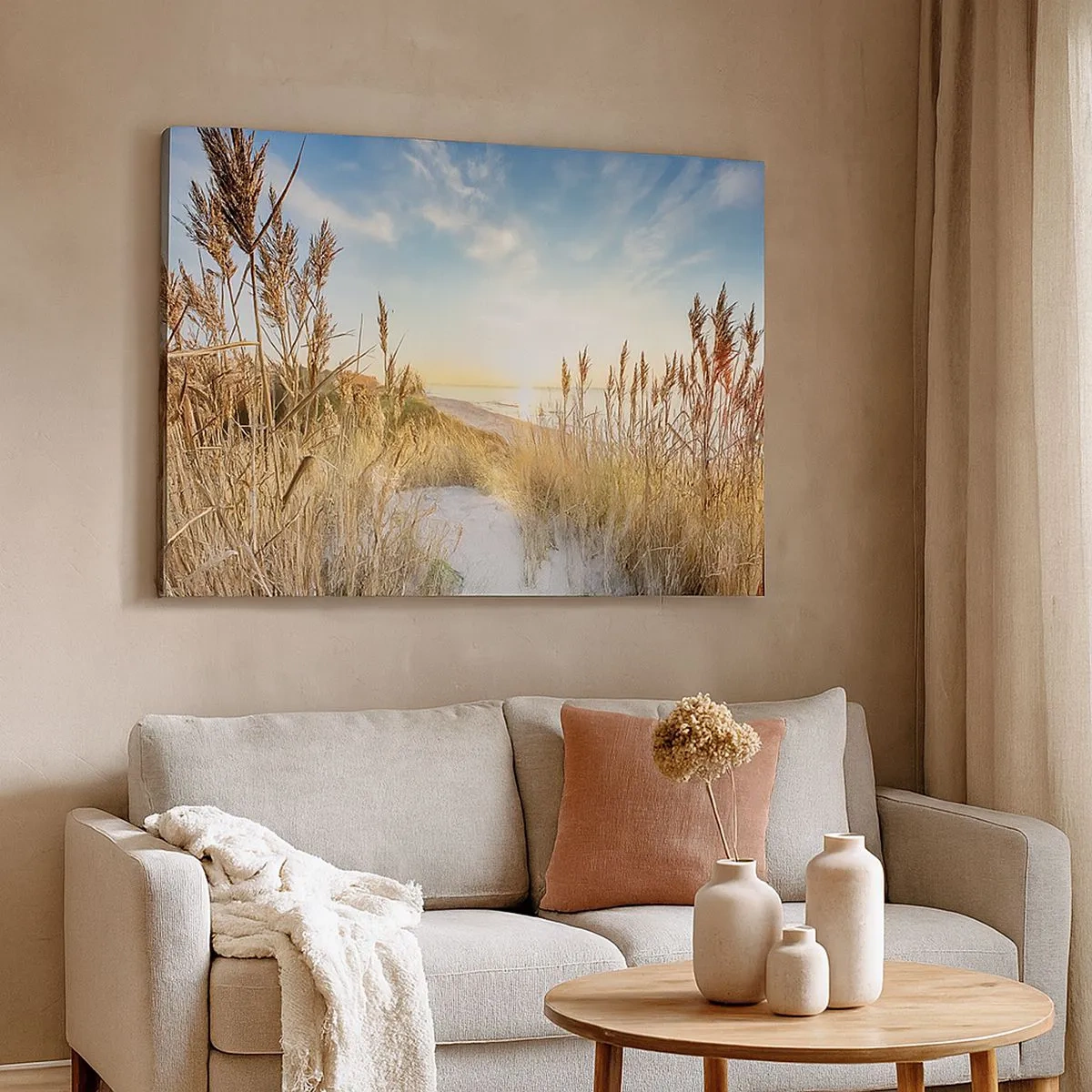 Canvas picture - A picturesque beach with grass and the setting sun - 70x50cm - Northern Beach - Modern wall decoration for the living room and bedroom ARTTOR