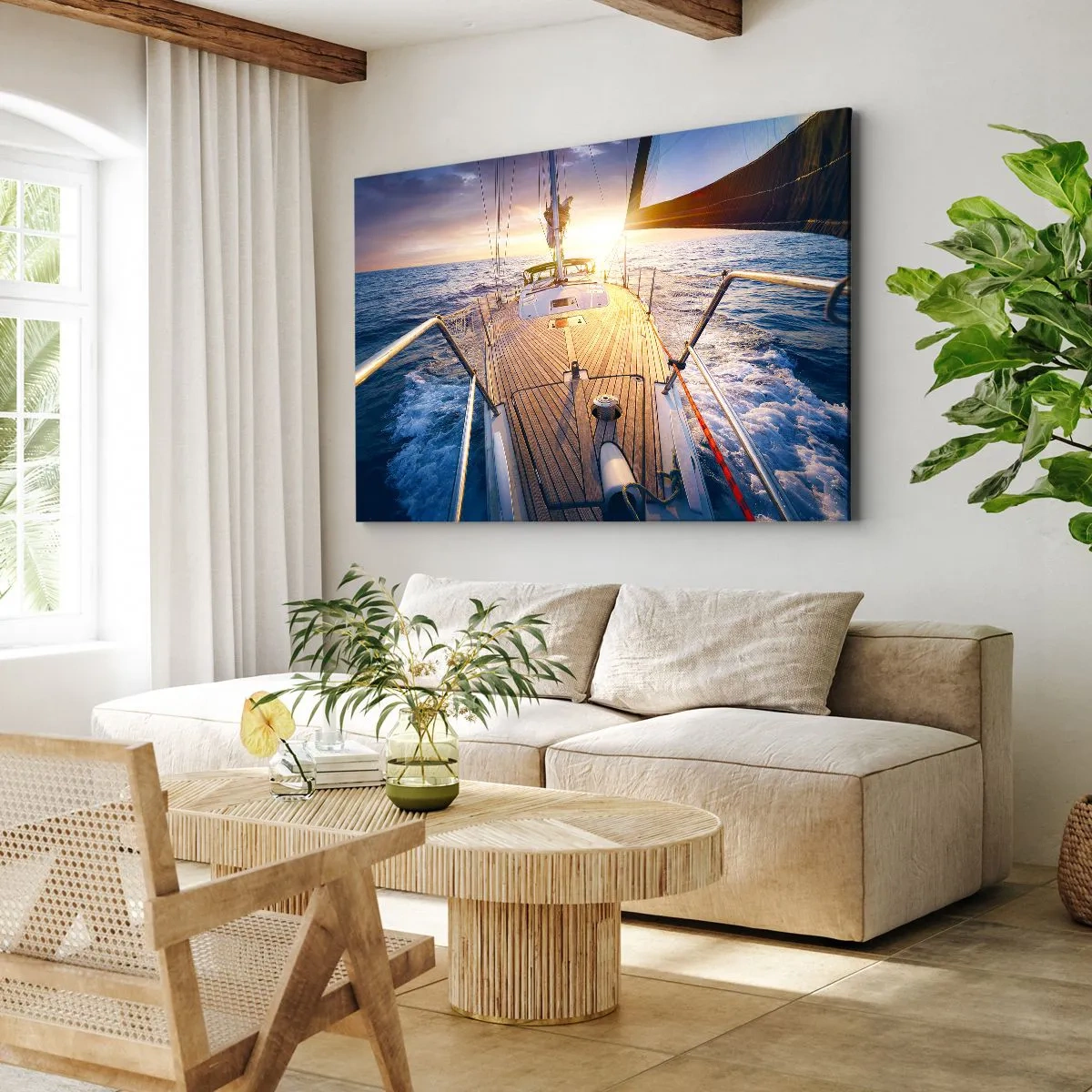 Canvas picture - Yacht at sea during sunset - 70x50cm - Running on Waves - Modern wall decoration for the living room and bedroom ARTTOR