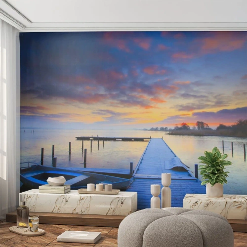 Photo Wallpaper Premium Canvas - Purple-Golden Peace - Landscape, Lake, Boat - 150x105 cm