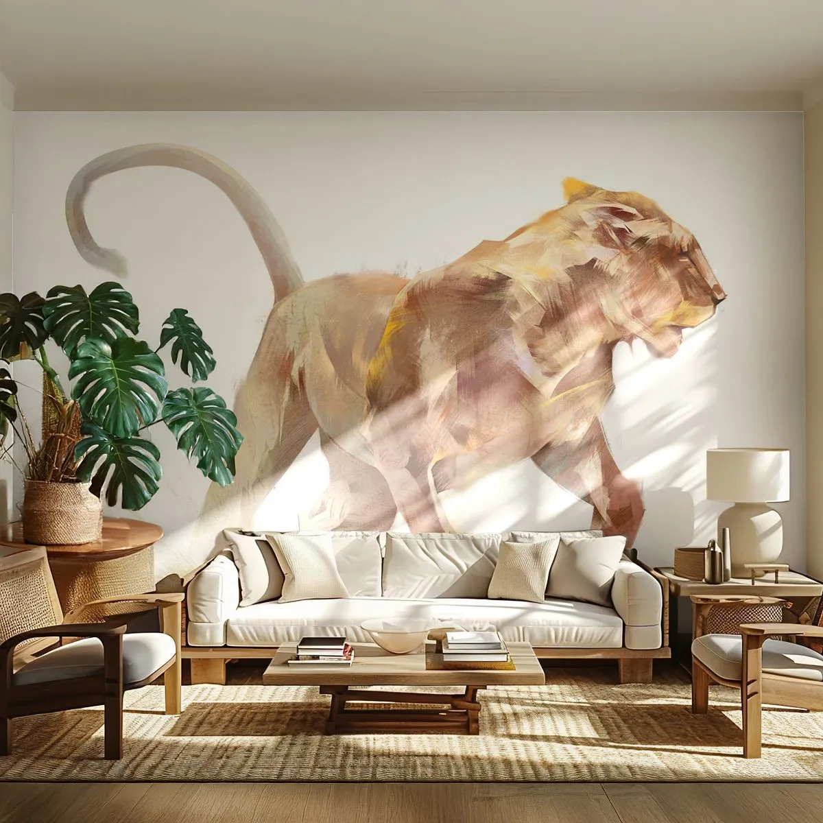 Photo Wallpaper Premium Sand - Wild Grace - Animals, Lion, Abstraction - 300x210 cm