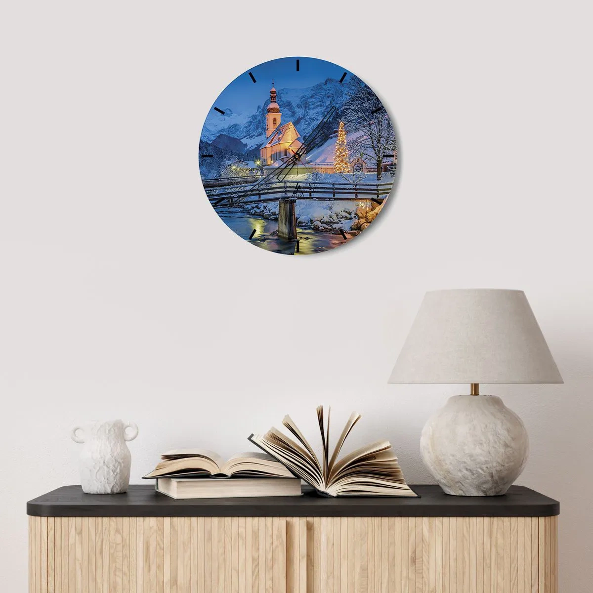 Wall clock - Clock on glass - Church in a winter setting with a Christmas tree - 30x30cm - Spirit of Christmas - Modern wall decoration for the living room, kitchen, and bedroom ARTTOR