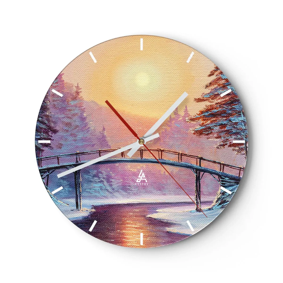 Wall clock - Clock on glass - A bridge over a river at sunset in a winter landscape - 30x30cm - Four Seasons - Winter - Modern wall decoration for the living room, kitchen, and bedroom ARTTOR