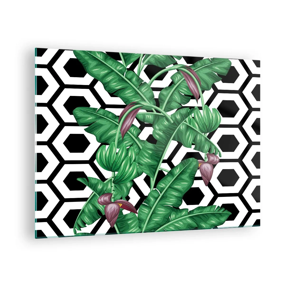 Glass picture - Tropical leaves and flowers against a black and white geometric pattern background - 70x50cm - Symmetrical Composition of Nature - Modern wall decoration for the living room and bedroom ARTTOR