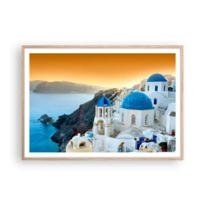 Poster in light oak frame - Santorini - Snuggling up to the Rocks - 100x70 cm