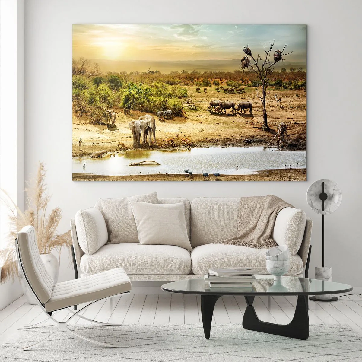 Glass picture - Elephants and animals at a watering hole against the backdrop of an African landscape - 70x50cm - There Is a River that Flows from Eden - Modern wall decoration for the living room and bedroom ARTTOR