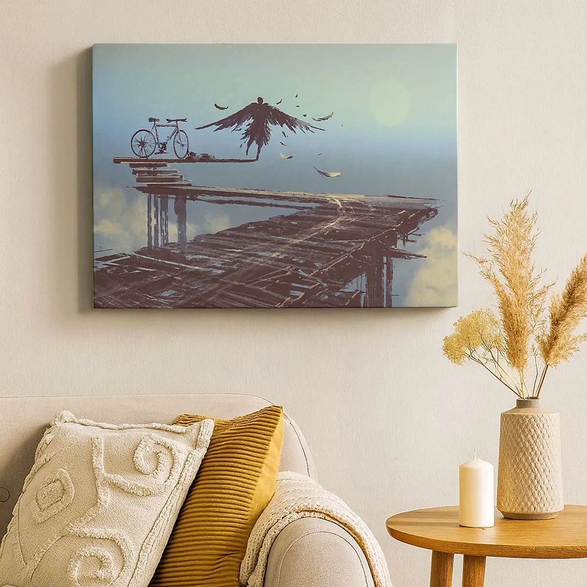 Canvas picture - A figure with feathers hovers over a wooden bridge next to a bicycle. - 70x50cm - Icarus Alive - Modern wall decoration for the living room and bedroom ARTTOR