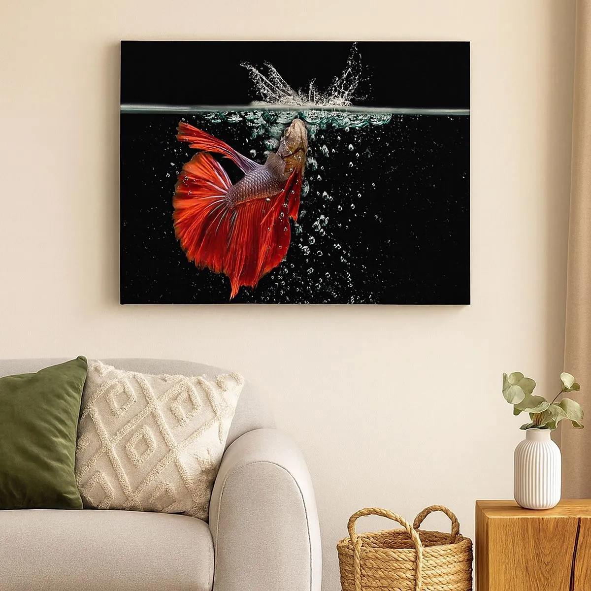 Canvas picture - A magnificent betta in the water against a dark background - 70x50cm - You Have Three Wishes - Modern wall decoration for the living room and bedroom ARTTOR