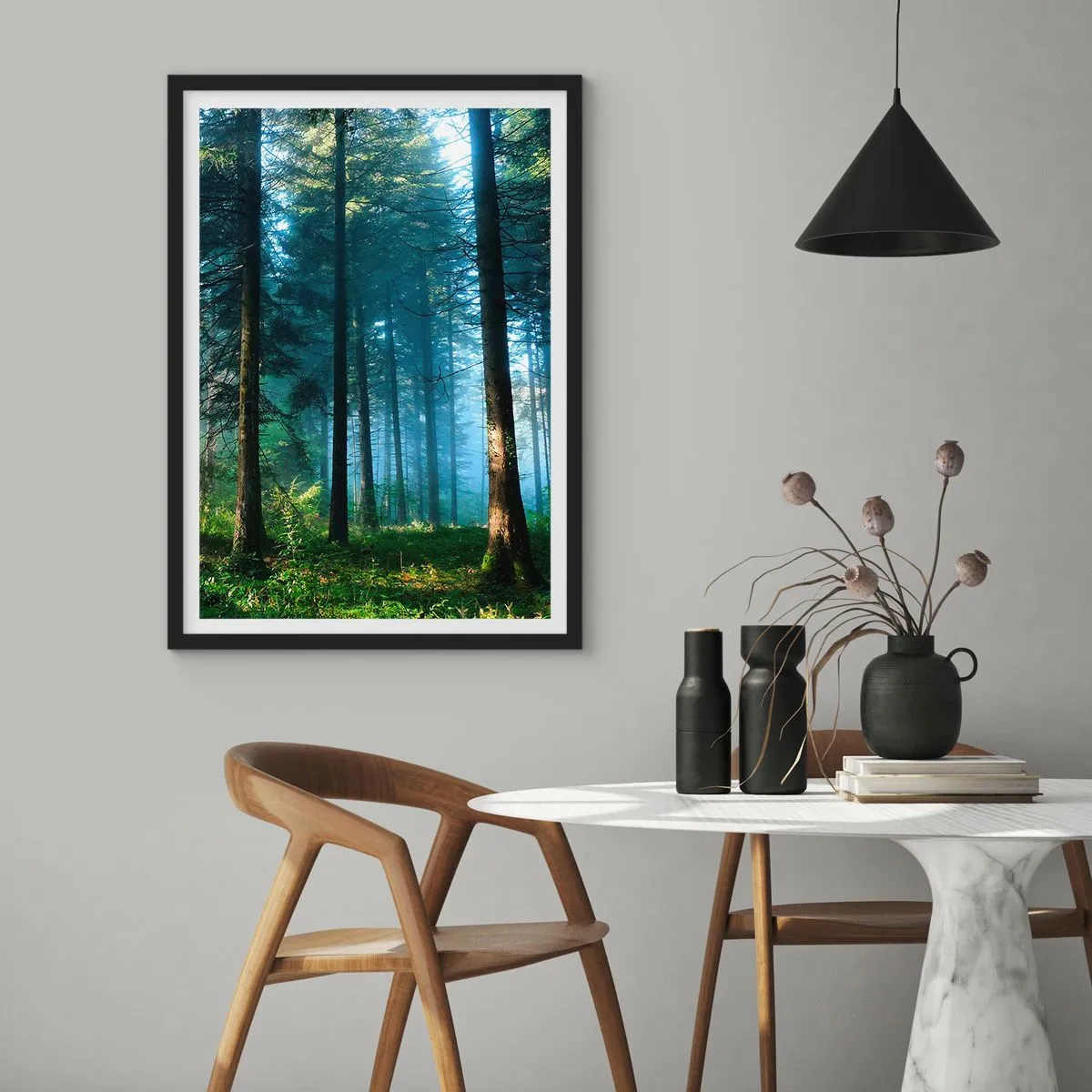 Poster in black frame - Coniferous forest in the morning sun and light fog - 50x70cm - Radiant at Dawn - Modern wall decoration for the living room and bedroom ARTTOR