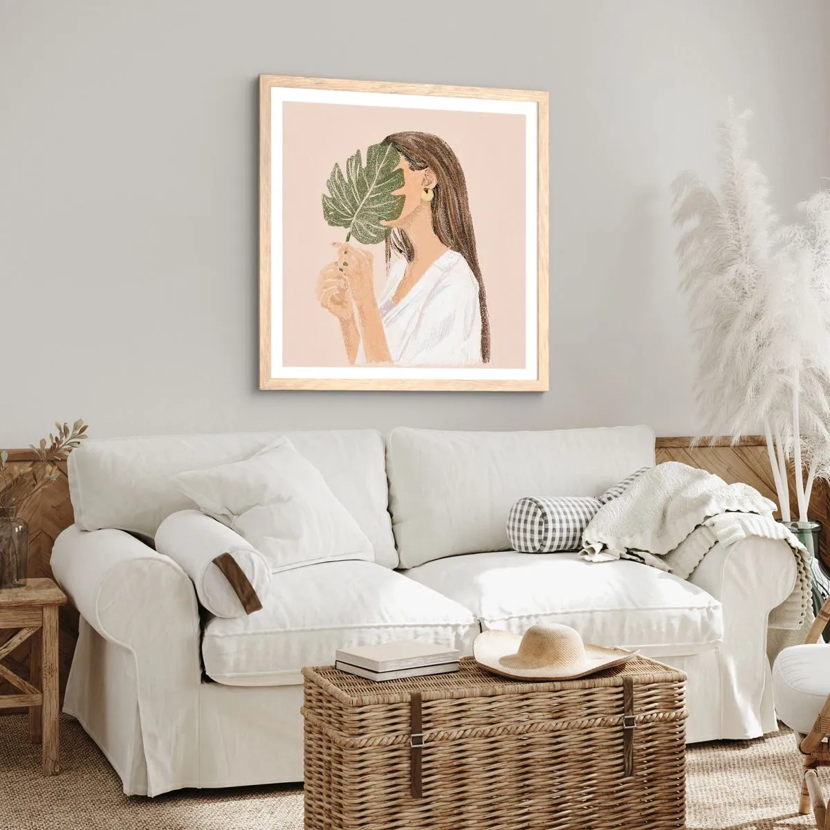 Poster in light oak frame - Mysterious Portrait with a Fan - 40x40 cm