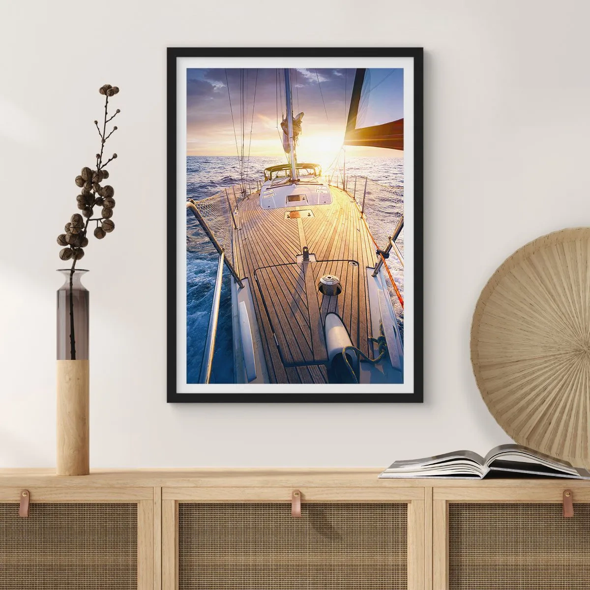 Poster in black frame - Yacht deck with ocean and sunset views - 50x70cm - Running on Waves - Modern wall decoration for the living room and bedroom ARTTOR