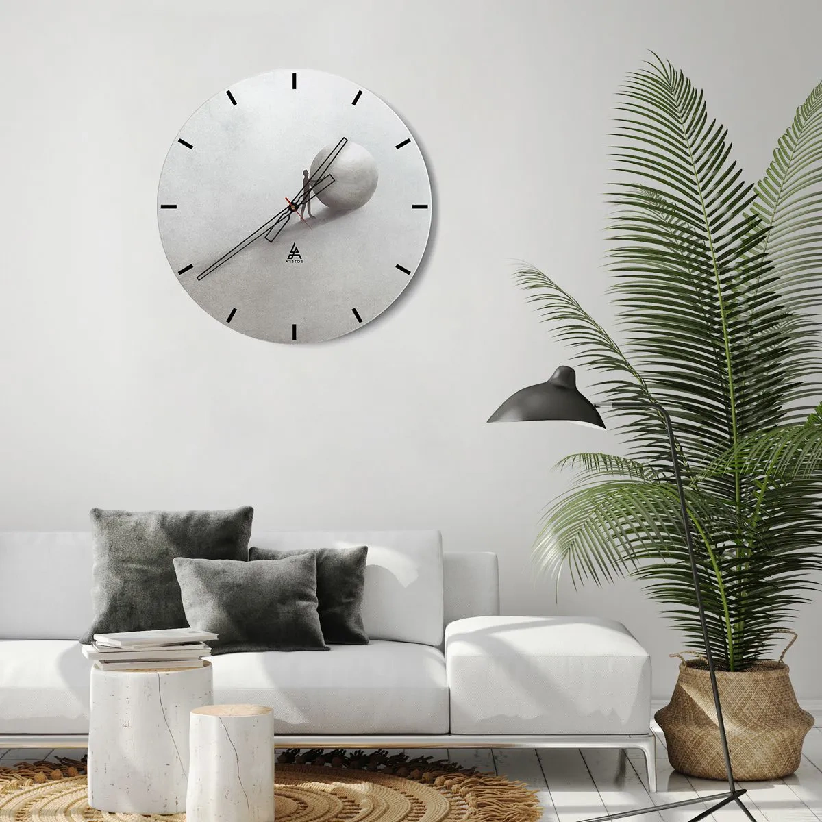 Wall clock - Clock on glass - A figure pushes a ball across a bright desert background in a symbolic scene. - 30x30cm - Game of Life - Modern wall decoration for the living room, kitchen, and bedroom ARTTOR