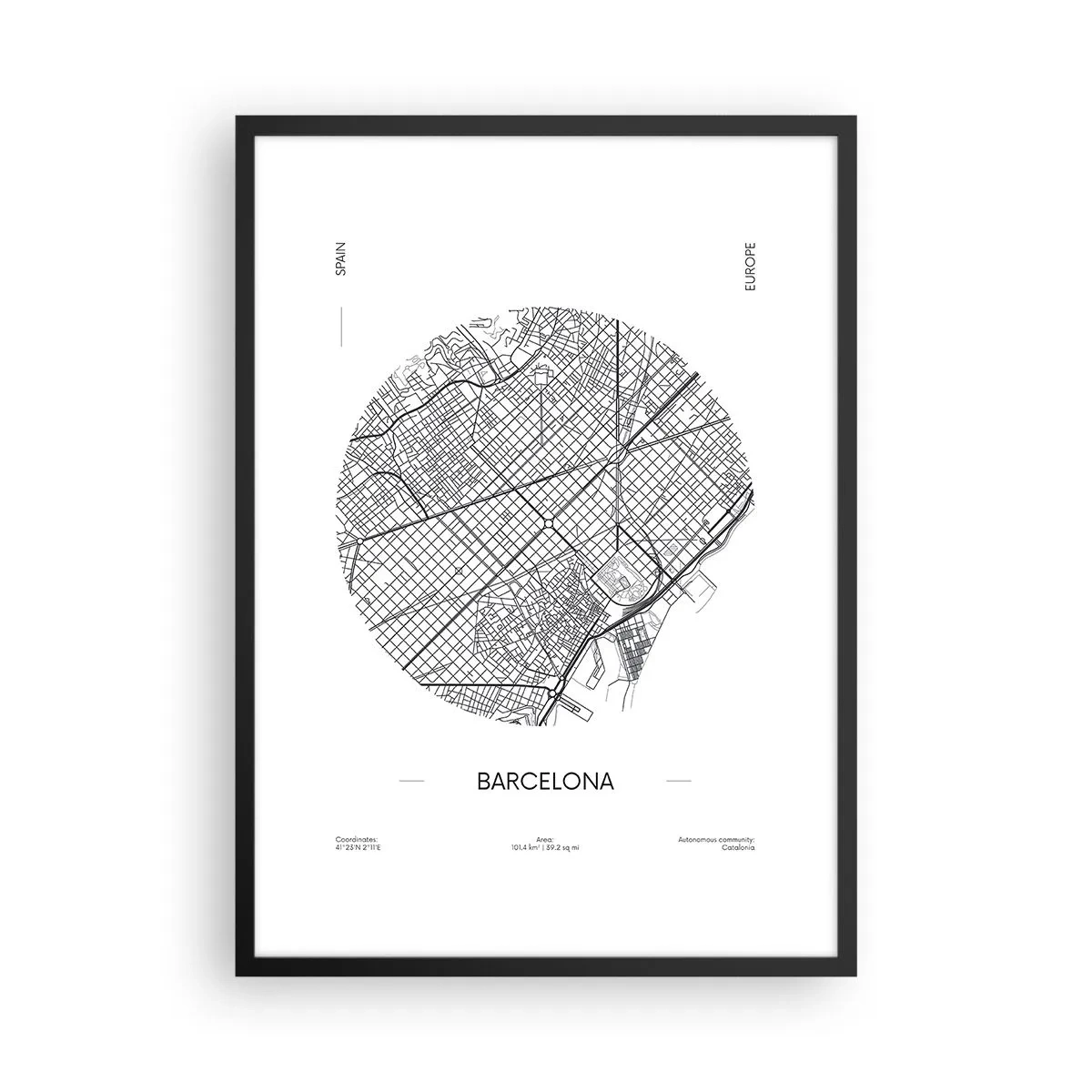 Poster in black frame - A minimalist map of Barcelona in black and white. - 50x70cm - Anatomy of Barcelona - Modern wall decoration for the living room and bedroom ARTTOR