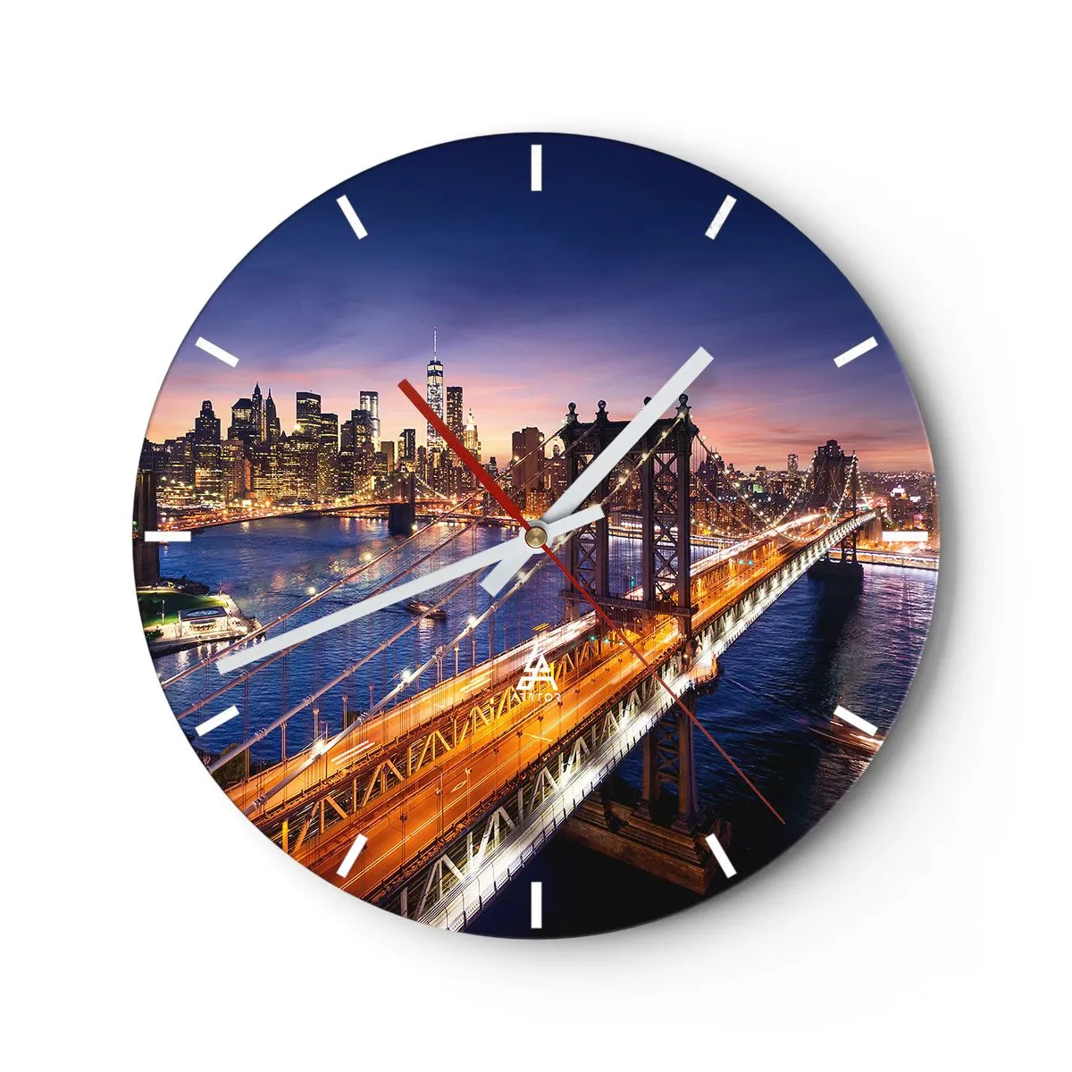 Wall clock - Clock on glass - Night view of Manhattan and the bridge - 30x30cm - Down the Illuminated Bridge - Modern wall decoration for the living room, kitchen, and bedroom ARTTOR