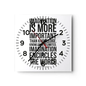 Wall clock - Clock on glass - Einstein about Power of Imagination - 30x30 cm