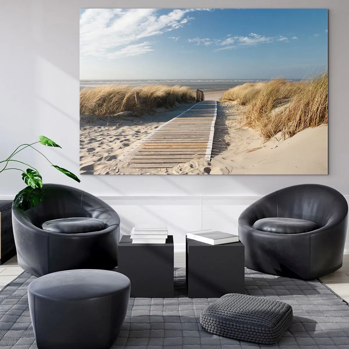 Glass picture - Wooden path through the dunes leading to the beach - 70x50cm - Behind a Dune, in the Hum of Trees - Modern wall decoration for the living room and bedroom ARTTOR