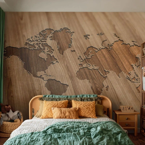 Self-Adhesive Photo Wallpaper Deluxe Sticker - World on a Table - World map, Wood, Continents - 500x350 cm
