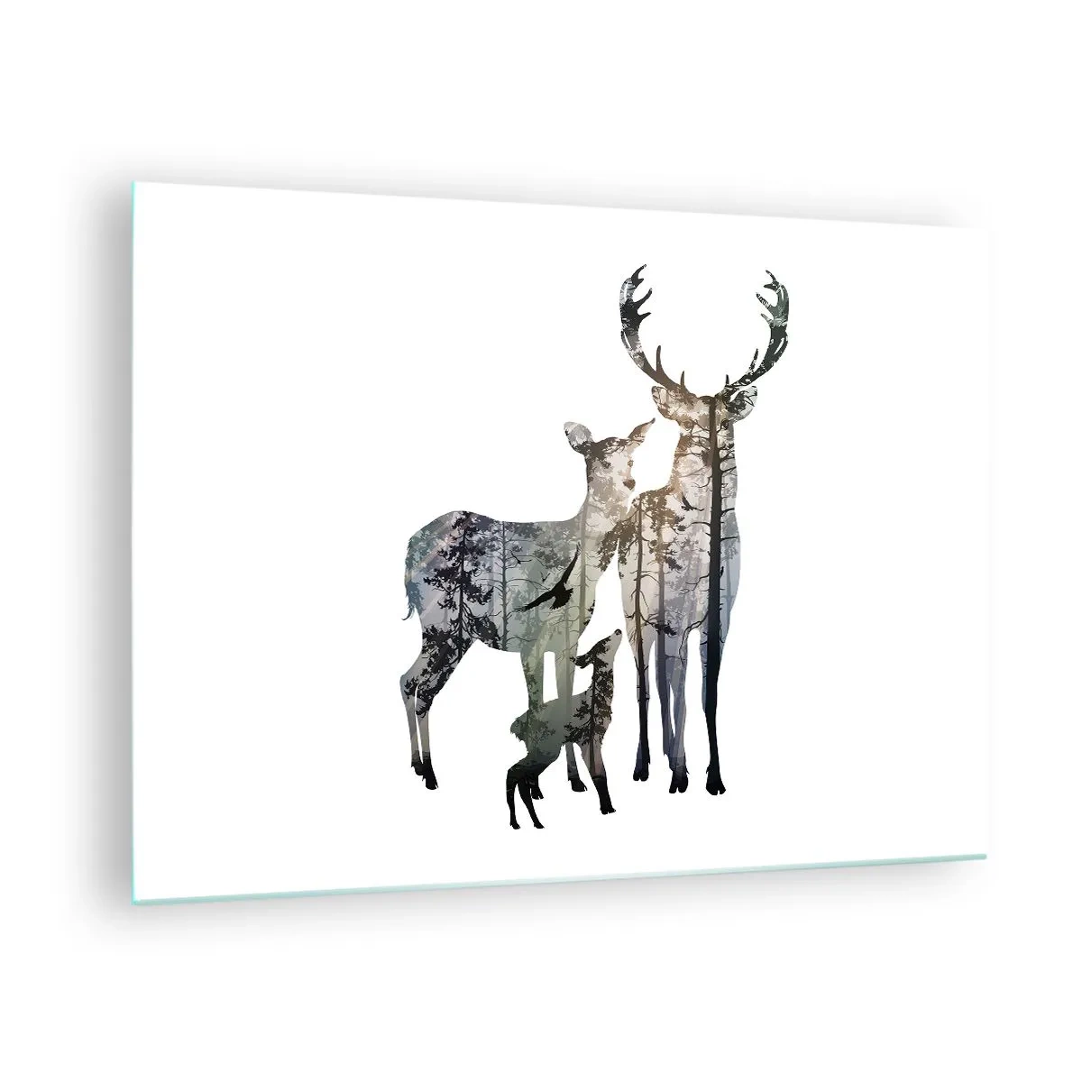 Glass picture - Deer silhouettes with a forest motif in a minimalist style - 70x50cm - Family Photo - Modern wall decoration for the living room and bedroom ARTTOR