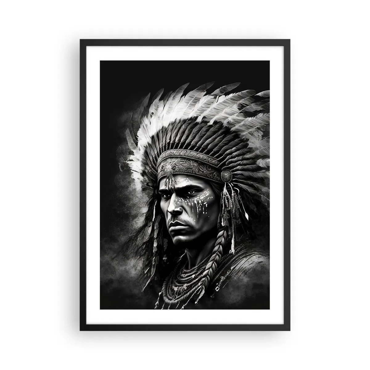 Poster in black frame - Portrait of a warrior in a traditional feather headdress - 50x70cm - Chief and Warrior - Modern wall decoration for the living room and bedroom ARTTOR