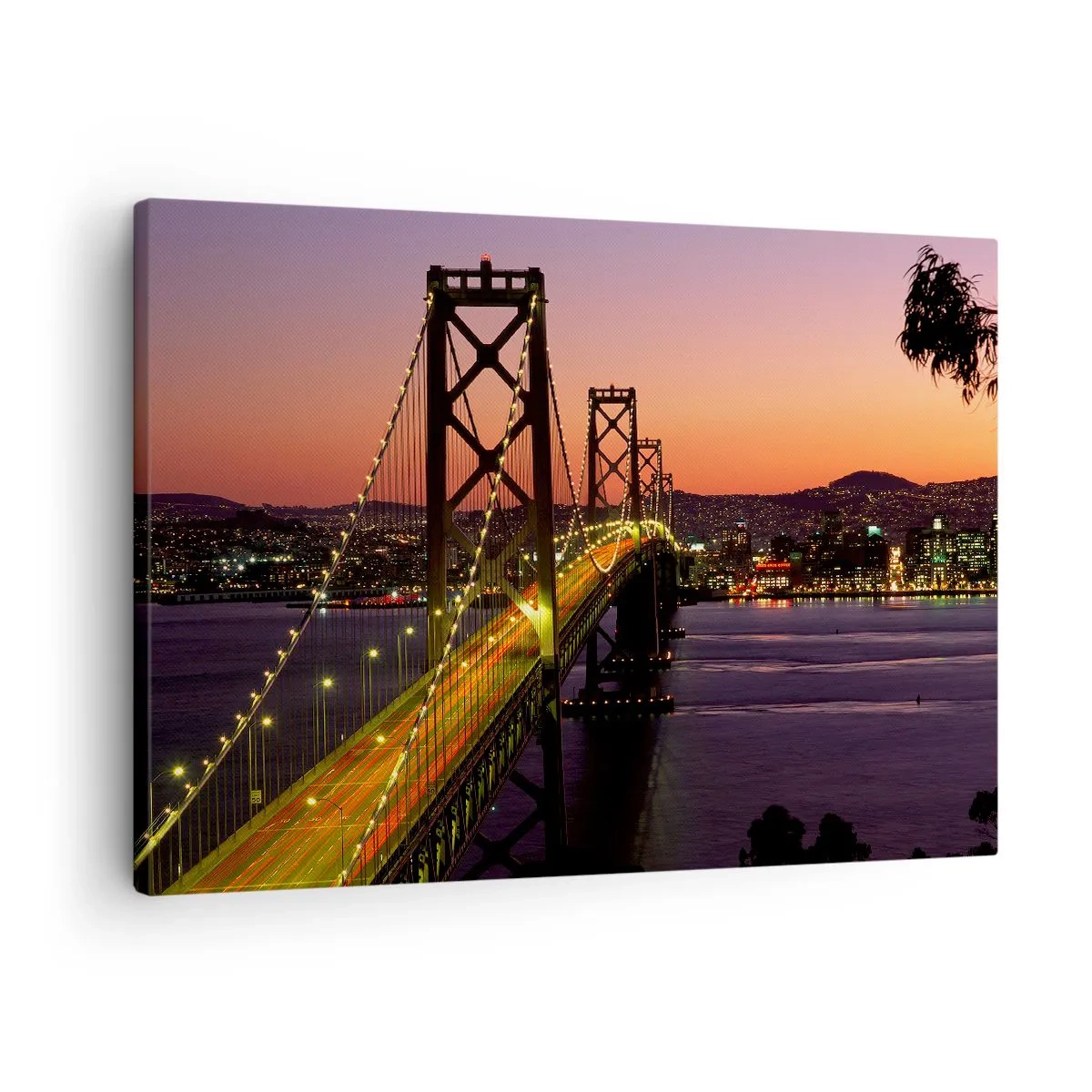 Canvas picture - A bridge illuminated at night over the water with a panoramic view of the city - 70x50cm - Evening in Purple - Modern wall decoration for the living room and bedroom ARTTOR