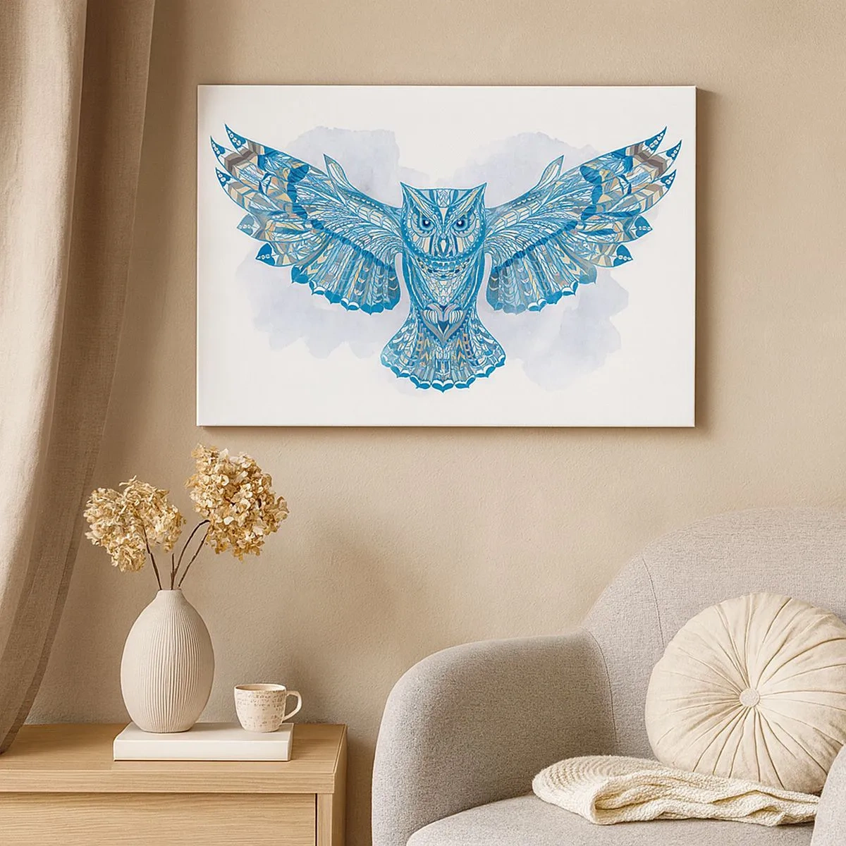 Canvas picture - Decorative owl in shades of blue - 70x50cm - From a Celtic Sacred Grove - Modern wall decoration for the living room and bedroom ARTTOR