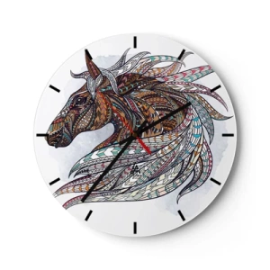 Wall clock - Clock on glass - Colorful horse in geometric style on white background - 30x30cm - Horse of a Celtic Warrior - Modern wall decoration for the living room, kitchen, and bedroom ARTTOR