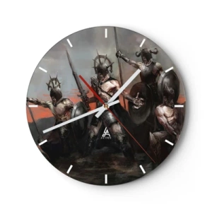 Wall clock - Clock on glass - A group of armored warriors with shields and spears in a dynamic scene - 30x30cm - With Your Shield Or on It - Modern wall decoration for the living room, kitchen, and bedroom ARTTOR