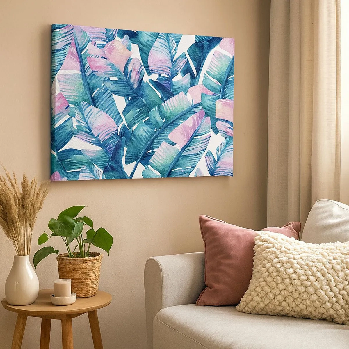 Canvas picture - Banana leaves in shades of blue and pink - 70x50cm - In a Banana Grove - Modern wall decoration for the living room and bedroom ARTTOR