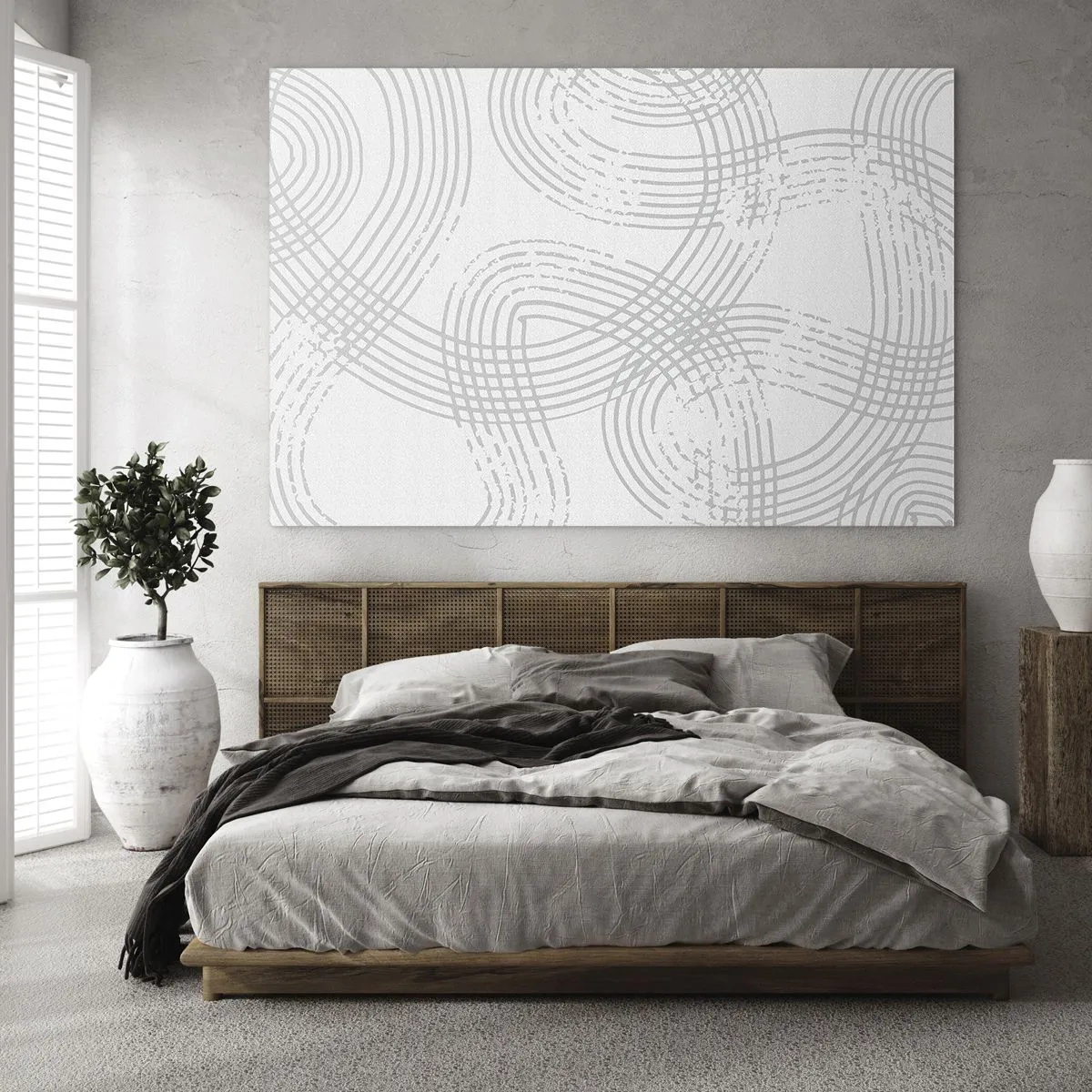 Glass picture - Abstract curved lines in shades of gray on white - 70x50cm - No Straight Line - Modern wall decoration for the living room and bedroom ARTTOR