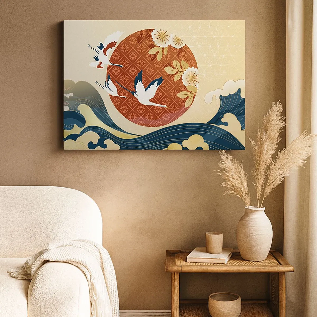 Canvas picture - Japanese composition with cranes and waves - 70x50cm - Japanese Tale - Modern wall decoration for the living room and bedroom ARTTOR