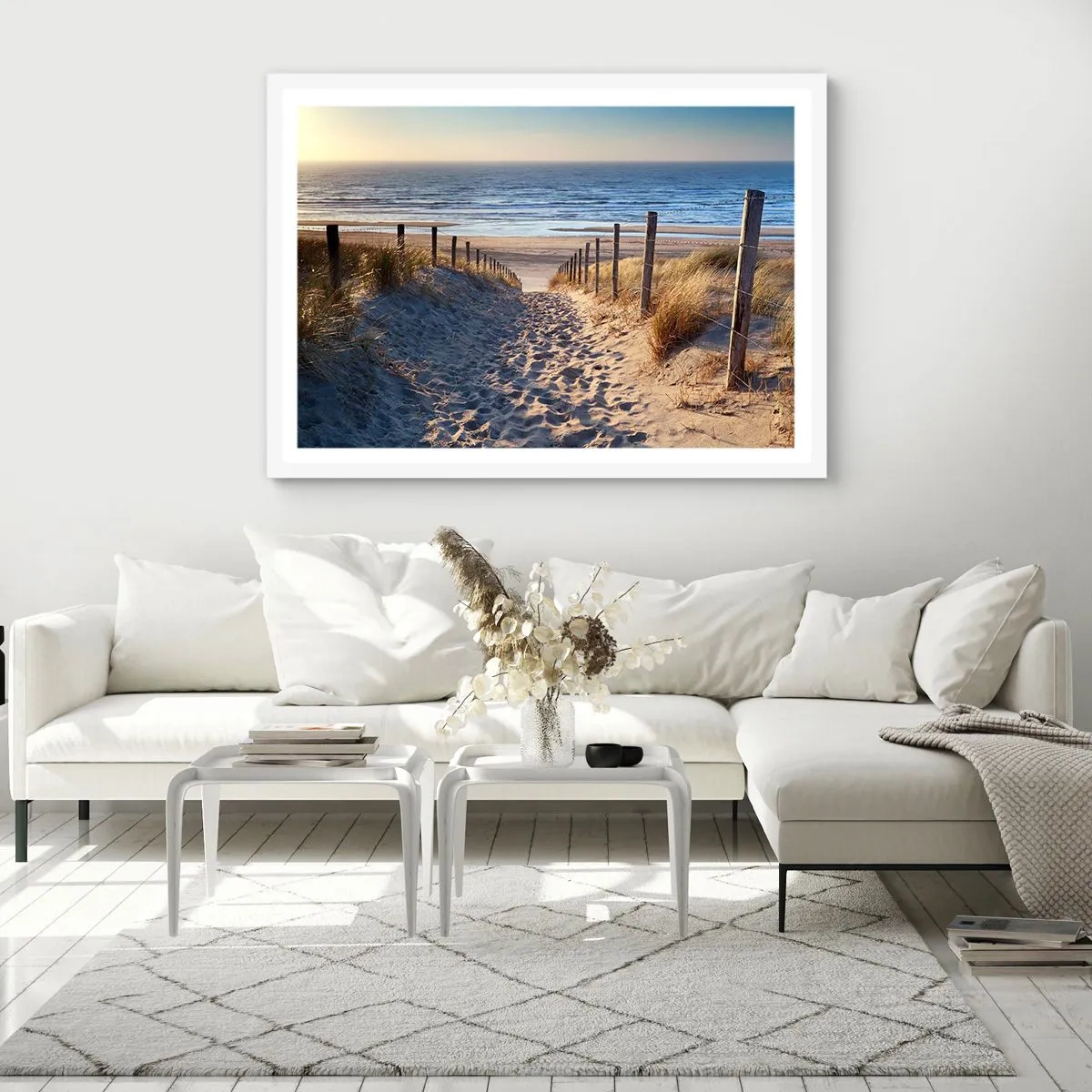 Poster in white frmae - Sound of the Sea, Singing of the Birds, Wild Beach among Grass - 100x70 cm