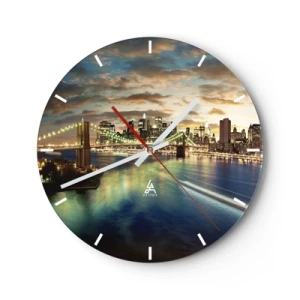 Wall clock - Clock on glass - New York City skyline at dusk with the Brooklyn Bridge - 30x30cm - Starry Night over Manhattan - Modern wall decoration for the living room, kitchen, and bedroom ARTTOR