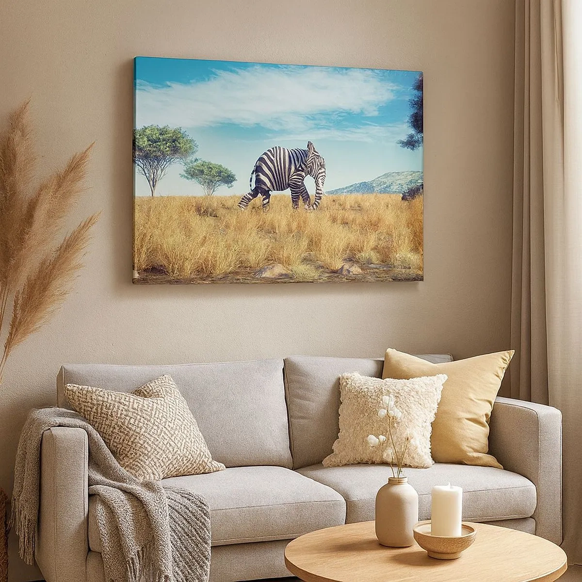Canvas picture - Zebra in an African landscape - 70x50cm - Greyness Is Not In Fashion - Modern wall decoration for the living room and bedroom ARTTOR