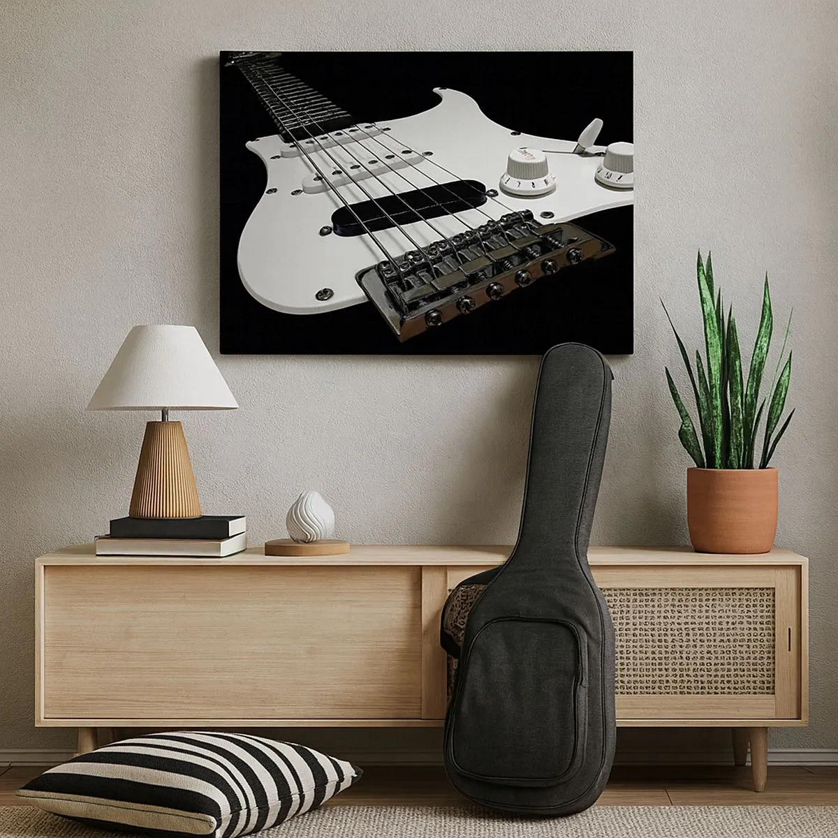 Canvas picture - Close-up of a white electric guitar on a black background. - 70x50cm - Sound Hidden in White - Modern wall decoration for the living room and bedroom ARTTOR