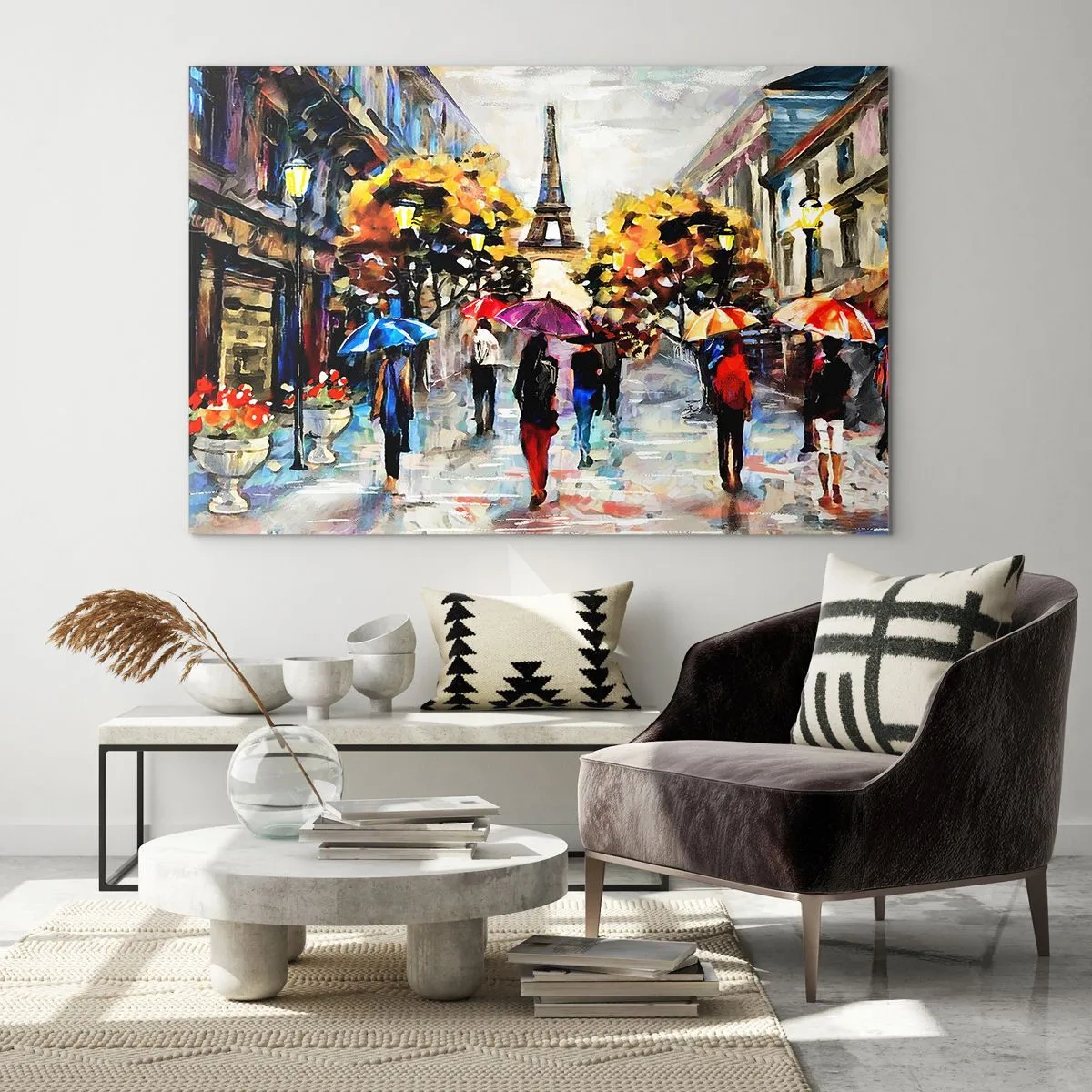 Glass picture - The Eiffel Tower in the background of people walking under colorful umbrellas - 70x50cm - Especially Beautiful in Autumn - Modern wall decoration for the living room and bedroom ARTTOR