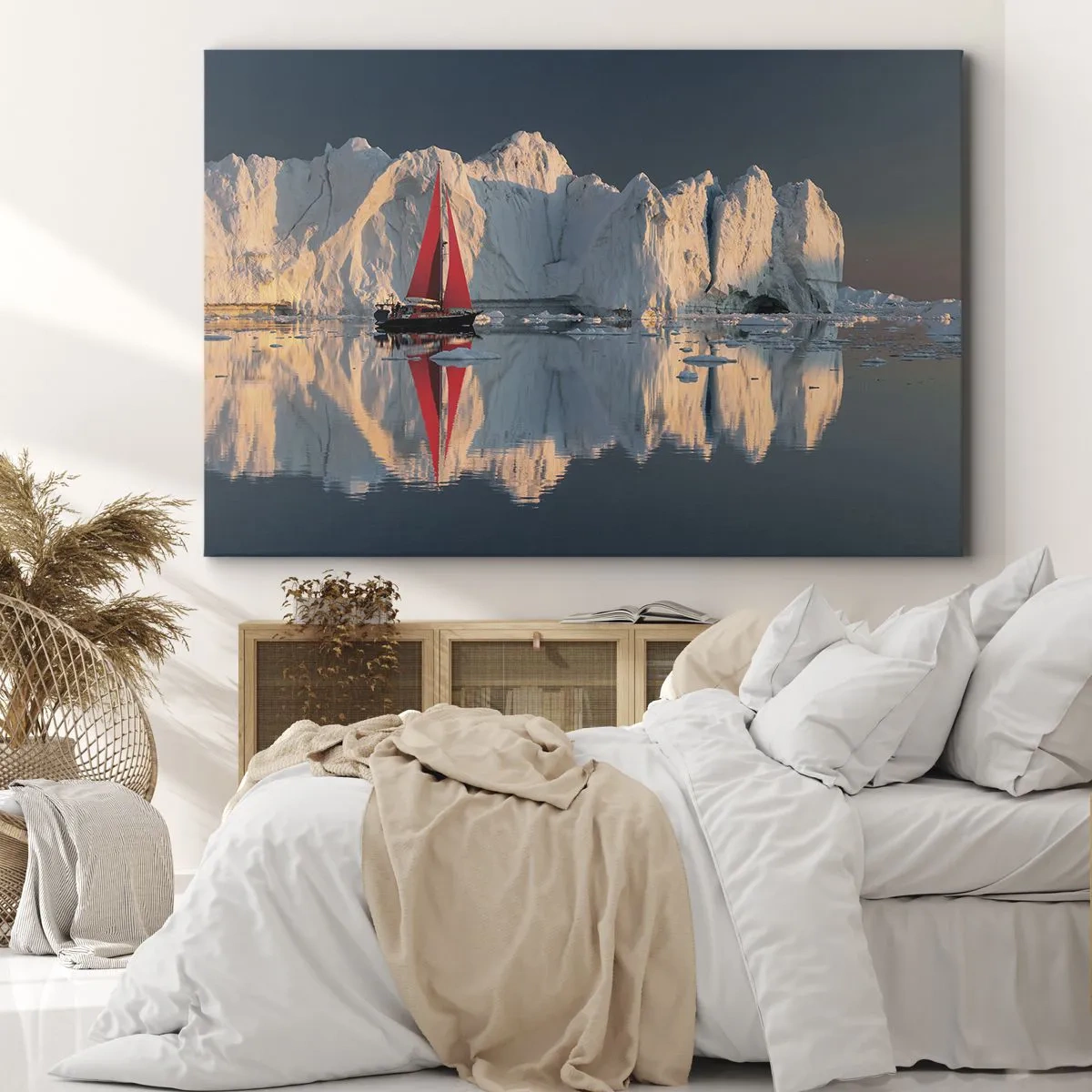 Canvas picture - A sailboat with a red sail against the backdrop of a glacier - 70x50cm - On the Edge of the World - Modern wall decoration for the living room and bedroom ARTTOR