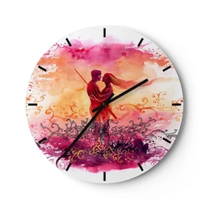 Wall clock - Clock on glass - A love scene with a couple in watercolor colors - 30x30cm - One Heart! It Is All I Need… - Modern wall decoration for the living room, kitchen, and bedroom ARTTOR