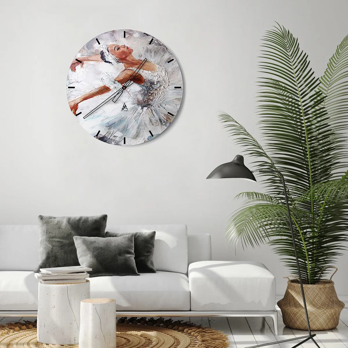 Wall clock - Clock on glass - A ballerina in a white Impressionist-style dress - 30x30cm - Delicate and Light As a Tulle - Modern wall decoration for the living room, kitchen, and bedroom ARTTOR