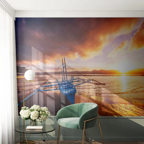 Self-Adhesive Photo Wallpaper Deluxe Sticker - After a Long Day, Stretching on the Sand - Landscape, Sea, Fishing boat - 300x210 cm