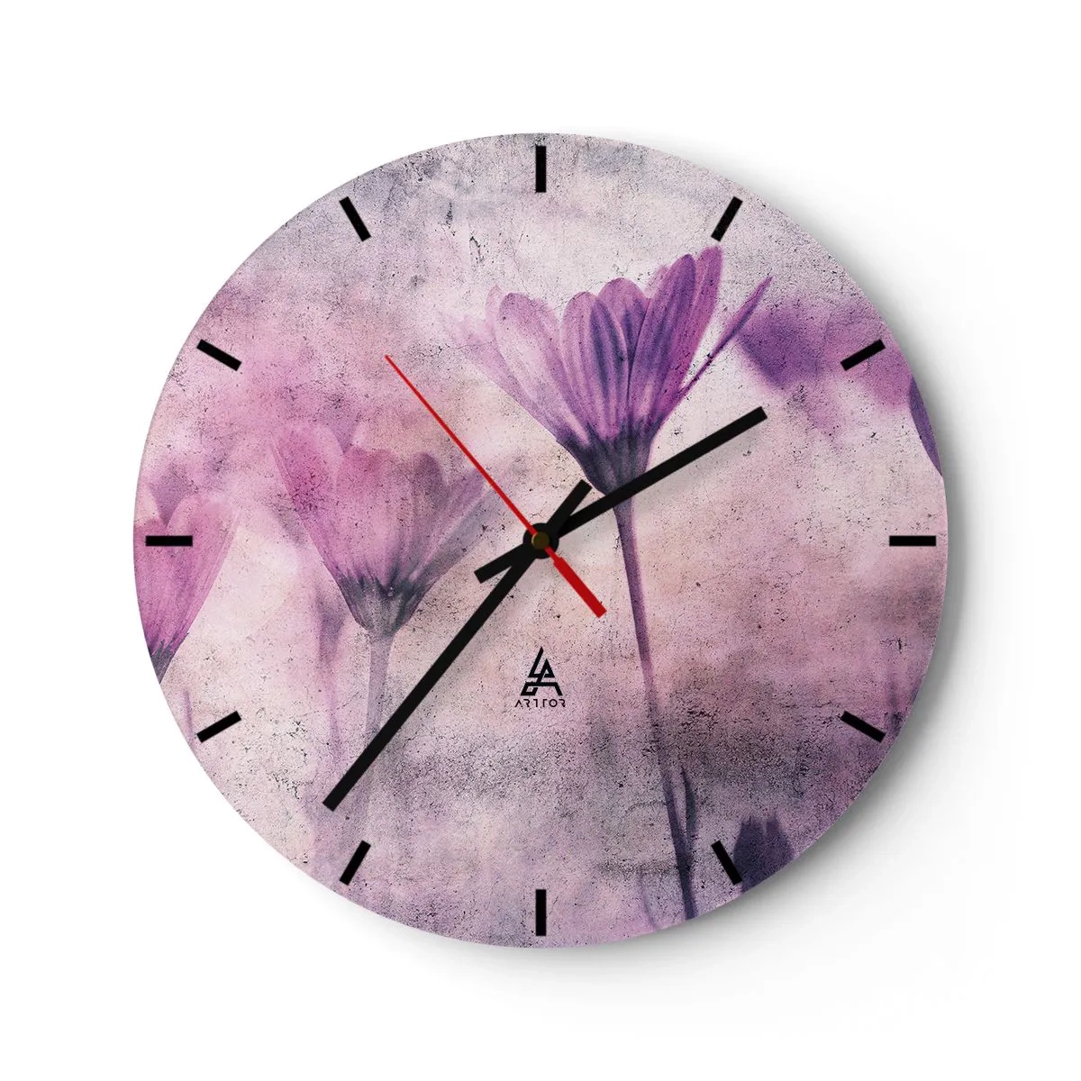 Wall clock - Clock on glass - Delicate purple flowers on a pastel background - 30x30cm - Dream of Flowers - Modern wall decoration for the living room, kitchen, and bedroom ARTTOR
