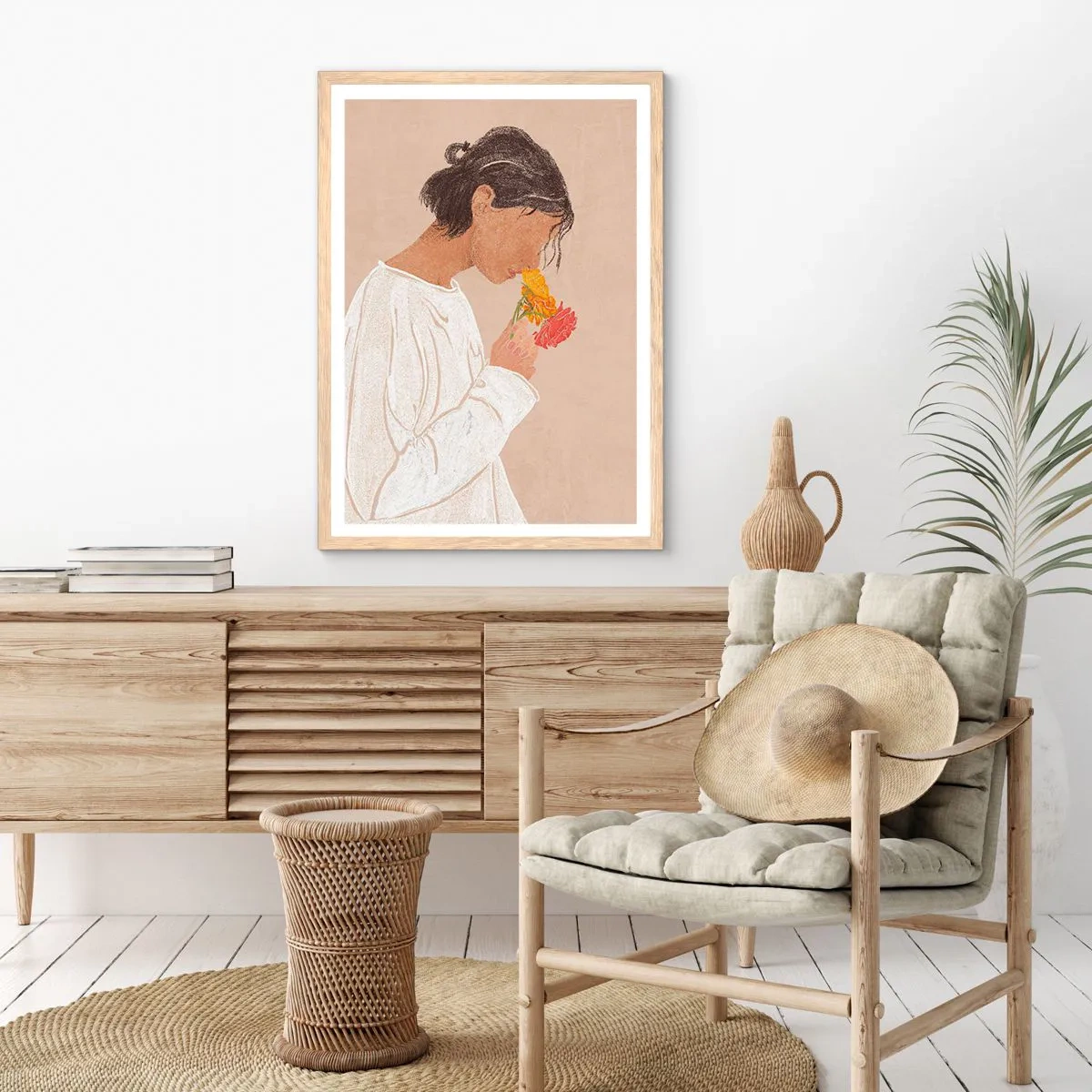 Poster in light oak frame - Girl and Flowers - 50x70 cm