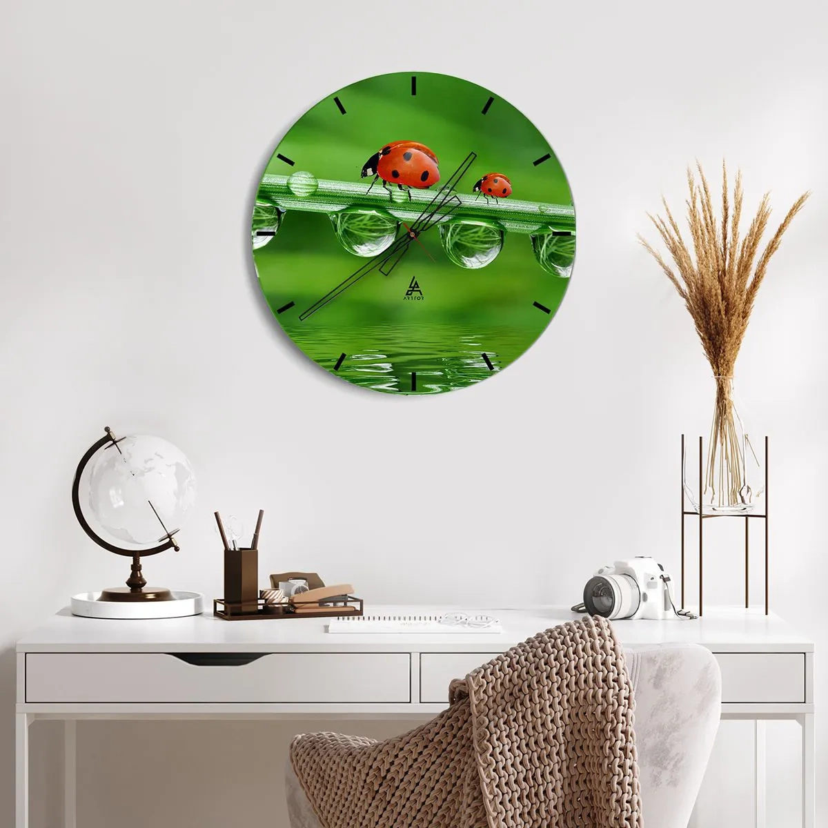 Wall clock - Clock on glass - Ladybugs on a blade of grass with water drops - 30x30cm - Summer Is on Its Way - Modern wall decoration for the living room, kitchen, and bedroom ARTTOR