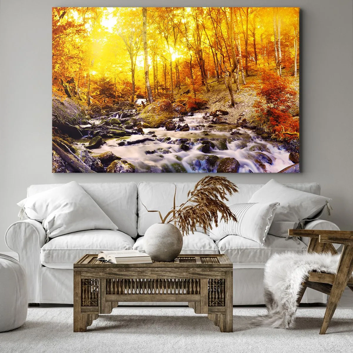 Canvas picture - Autumn forest with a stream among golden leaves - 70x50cm - Stones Set in Gold and Platinum - Modern wall decoration for the living room and bedroom ARTTOR