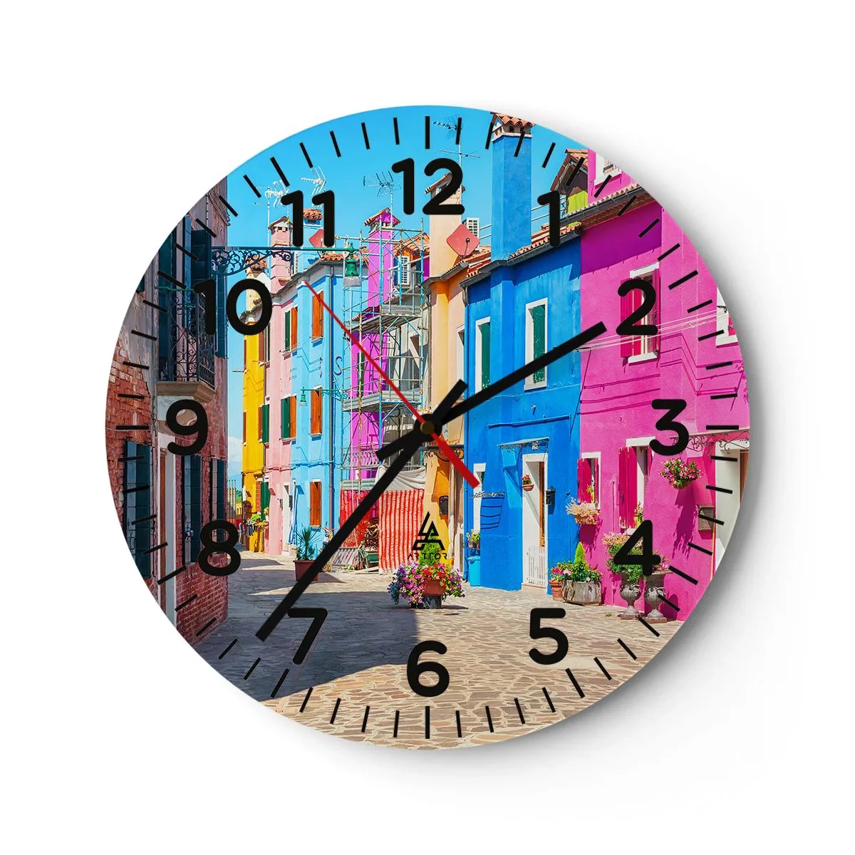 Wall clock - Clock on glass - Town Bursting with Colours - 40x40 cm