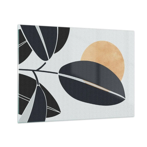 Glass picture - Stylized leaves in black with an orange sun in the background - 70x50cm - Hot Summer's Day - Modern wall decoration for the living room and bedroom ARTTOR