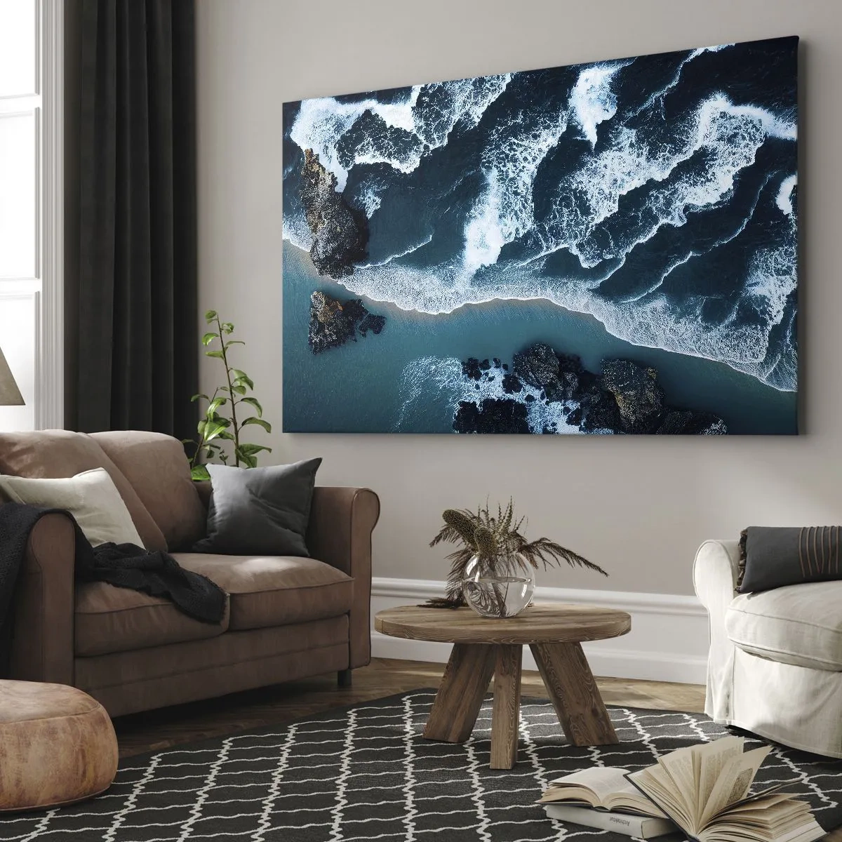 Canvas picture - Aerial view of waves crashing on the shore - 70x50cm - Envelopped by Waves - Modern wall decoration for the living room and bedroom ARTTOR