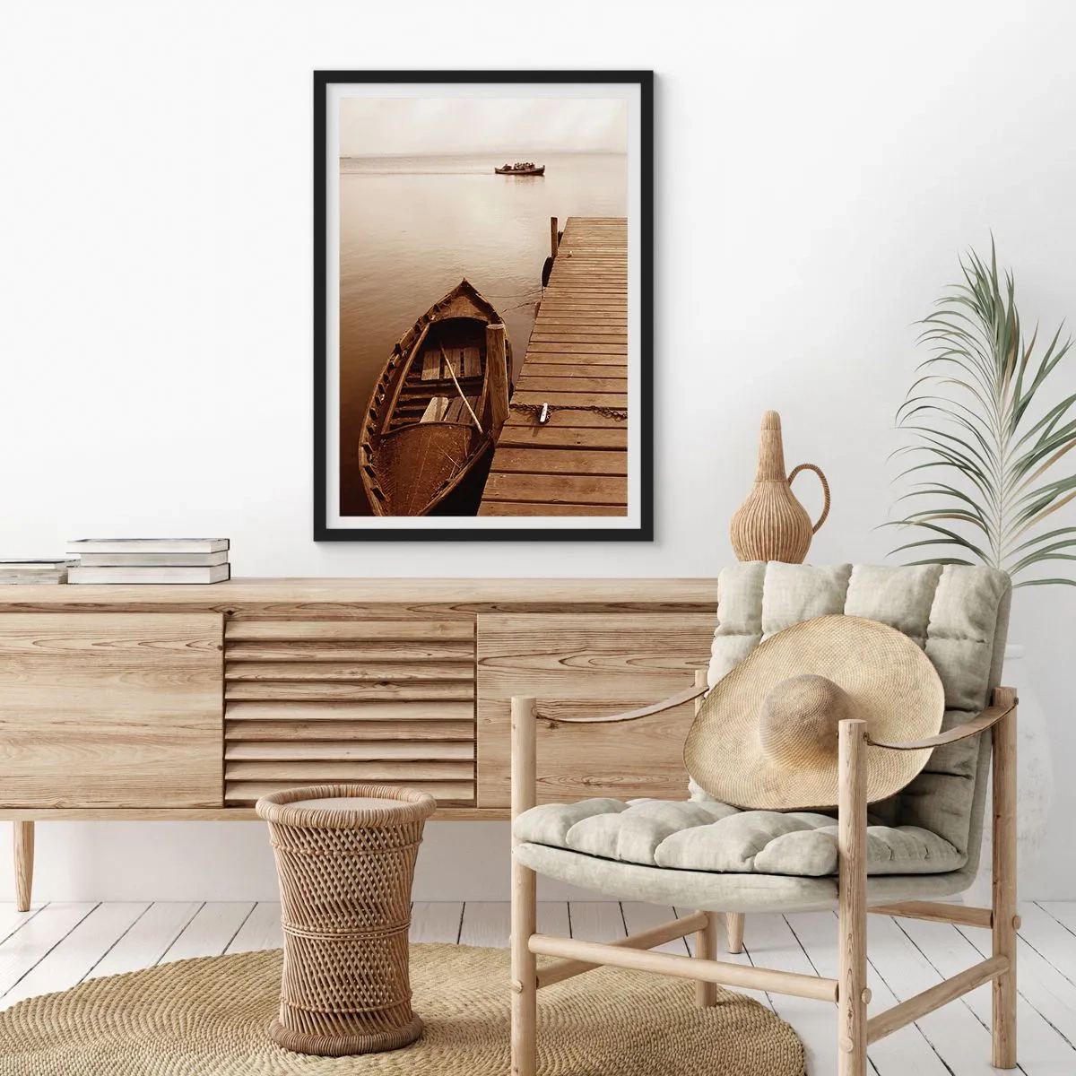 Poster in black frame - A boat at a wooden pier in sepia - 50x70cm - Great Calm - Modern wall decoration for the living room and bedroom ARTTOR