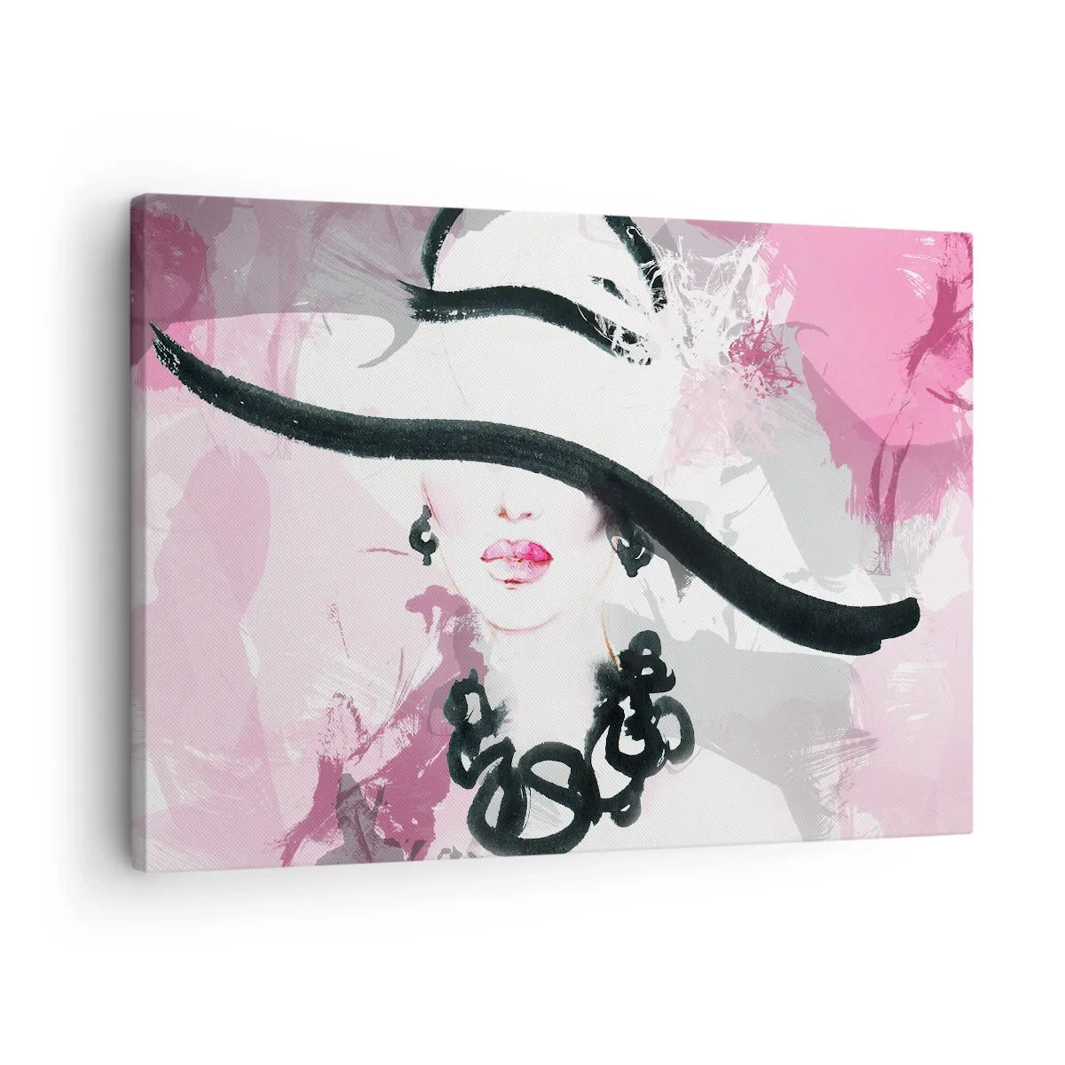 Canvas picture - An elegant woman in a hat against a background of pink abstractions. - 70x50cm - Portrait of a Lady in Black and Pink - Modern wall decoration for the living room and bedroom ARTTOR