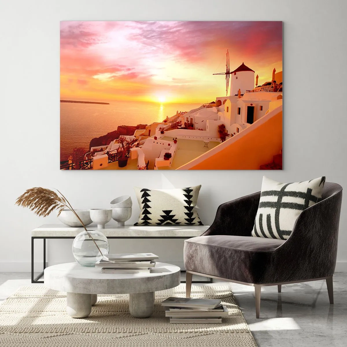 Glass picture - Sunset over Santorini with white buildings and a windmill - 70x50cm - Melting in White and Gold - Modern wall decoration for the living room and bedroom ARTTOR