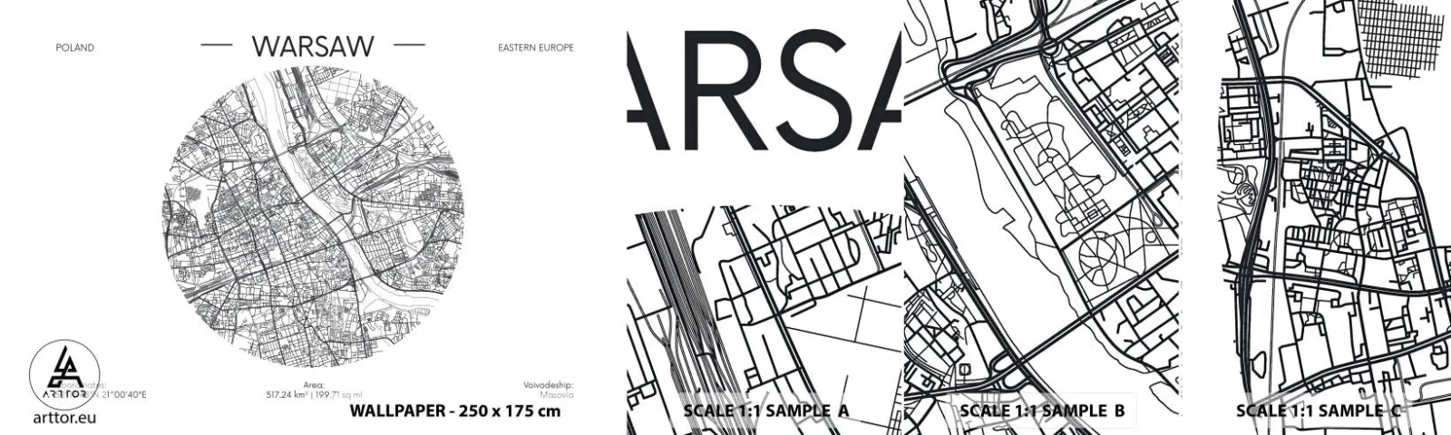 Photo Wallpaper Sample Standard Eco - Anatomy of Warsaw - Map, Warsaw, Poland - 100x30 cm